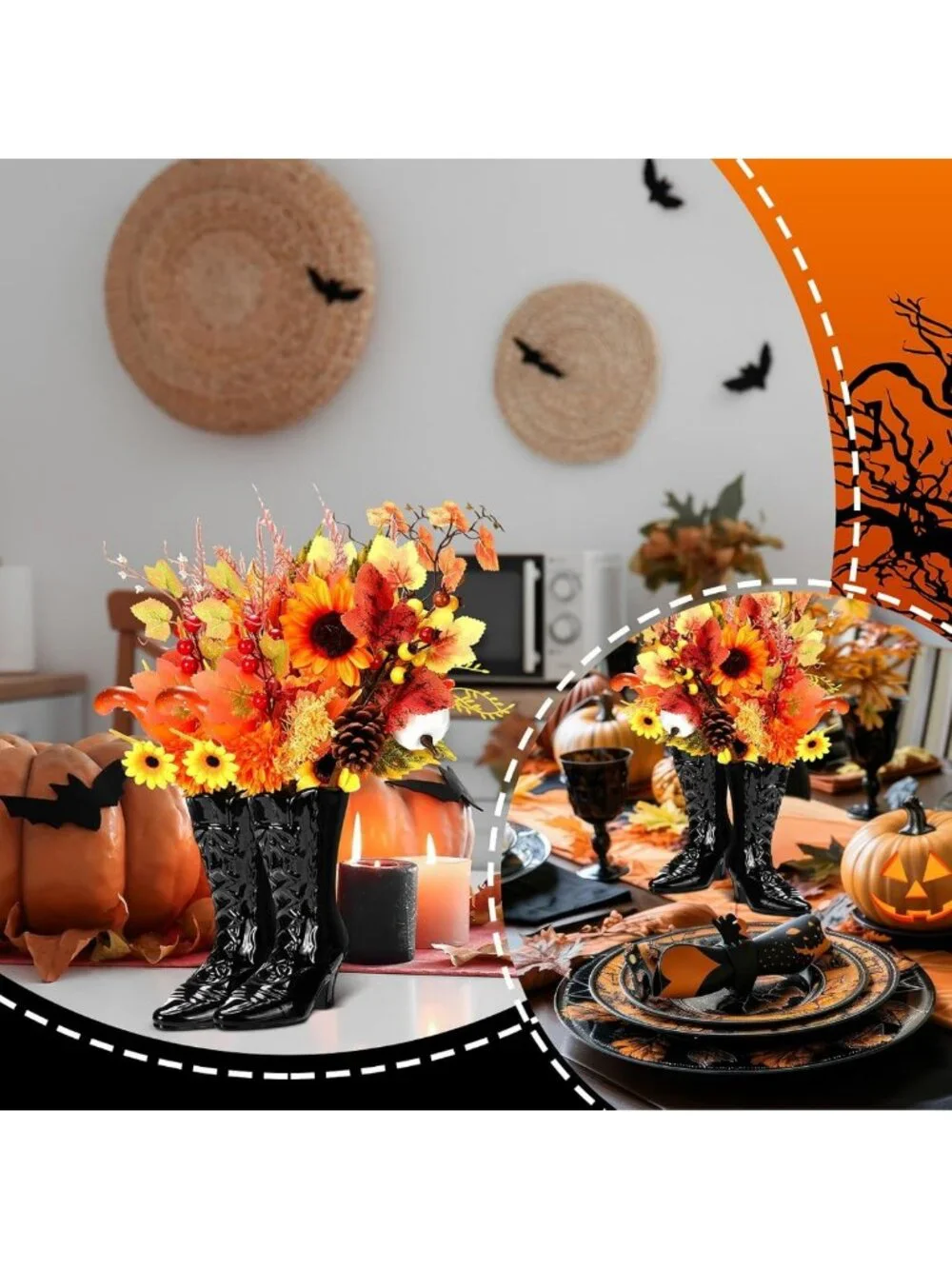 Spooky Gothic Witch Boot Vase - 7.1 Inch Black Ceramic Halloween Decor